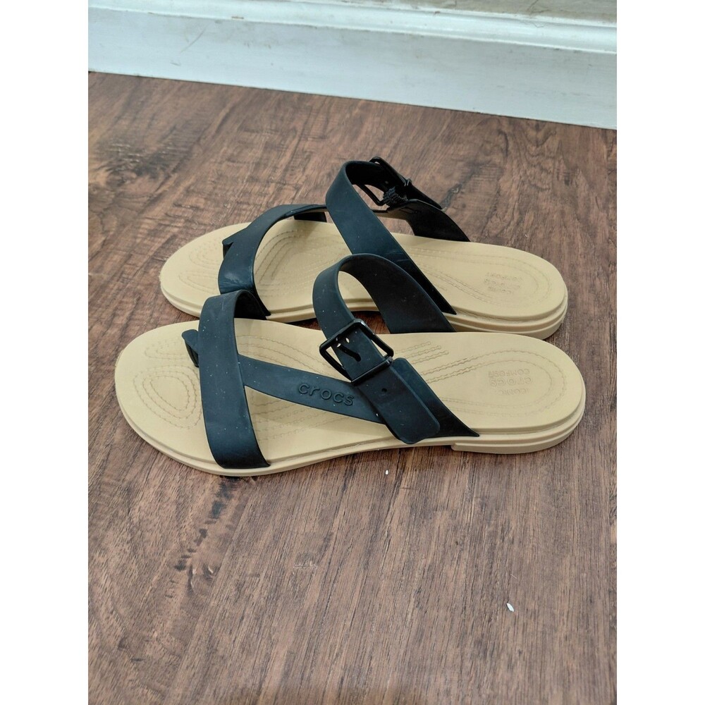 Crocs Tulum Toe Post Sandal Black Tan Rubber Comfort Sandals, Size Womens 10 - Picture 2 of 12